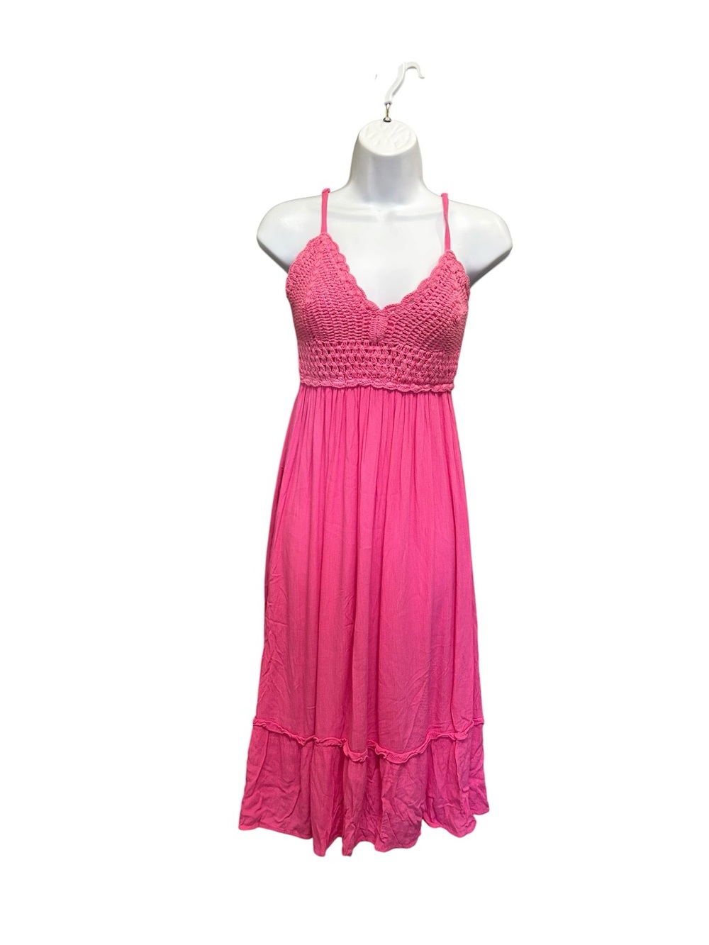 Streetwear Society Pink Crochet Bodice Tiered Midi Dress - Size S